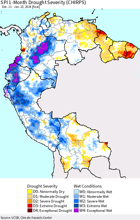 Northern South America SPI 1-Month Drought Severity (CHIRPS) Thematic Map For 12/11/2023 - 1/10/2024