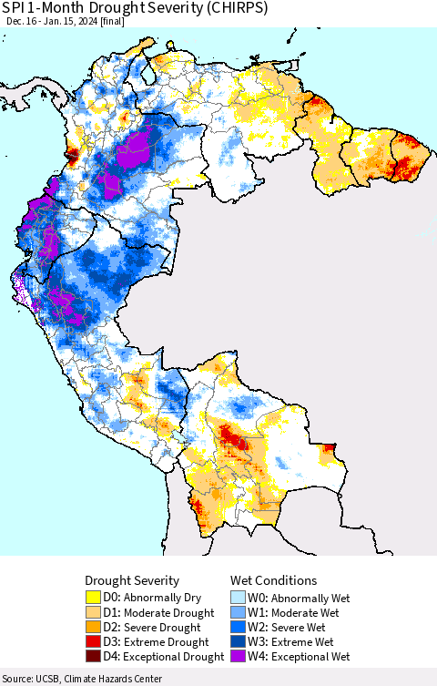 Northern South America SPI 1-Month Drought Severity (CHIRPS) Thematic Map For 12/16/2023 - 1/15/2024