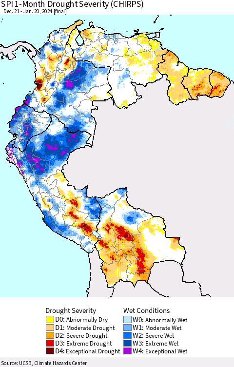 Northern South America SPI 1-Month Drought Severity (CHIRPS) Thematic Map For 12/21/2023 - 1/20/2024