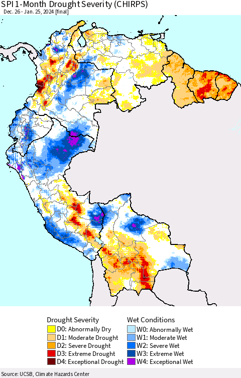 Northern South America SPI 1-Month Drought Severity (CHIRPS) Thematic Map For 12/26/2023 - 1/25/2024