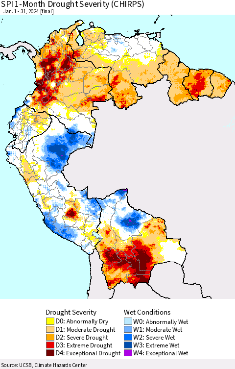 Northern South America SPI 1-Month Drought Severity (CHIRPS) Thematic Map For 1/1/2024 - 1/31/2024