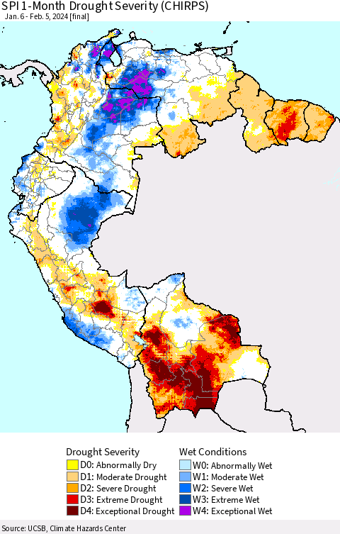 Northern South America SPI 1-Month Drought Severity (CHIRPS) Thematic Map For 1/6/2024 - 2/5/2024