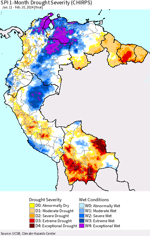 Northern South America SPI 1-Month Drought Severity (CHIRPS) Thematic Map For 1/11/2024 - 2/10/2024