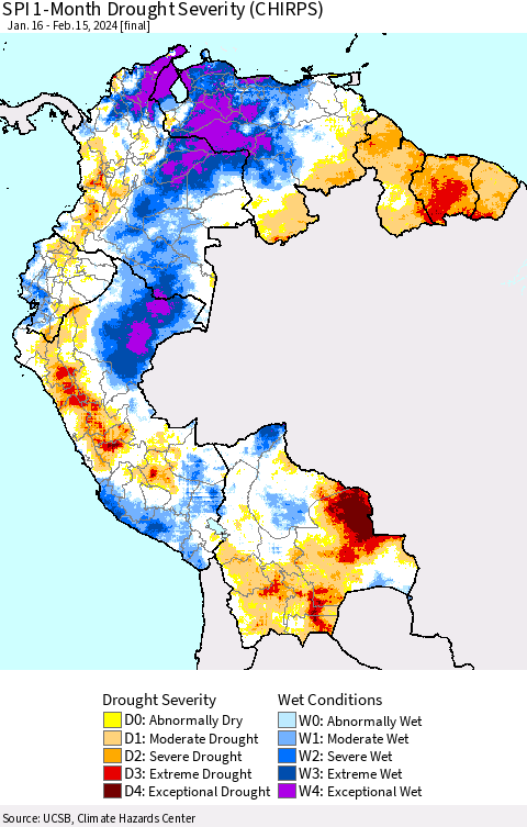 Northern South America SPI 1-Month Drought Severity (CHIRPS) Thematic Map For 1/16/2024 - 2/15/2024