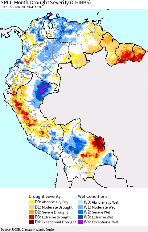 Northern South America SPI 1-Month Drought Severity (CHIRPS) Thematic Map For 1/21/2024 - 2/20/2024