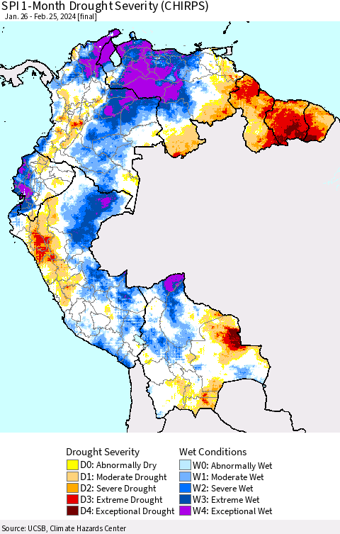 Northern South America SPI 1-Month Drought Severity (CHIRPS) Thematic Map For 1/26/2024 - 2/25/2024