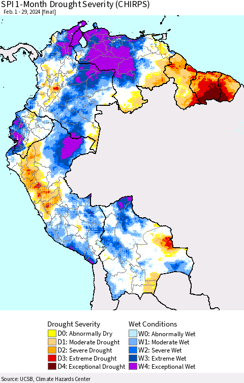 Northern South America SPI 1-Month Drought Severity (CHIRPS) Thematic Map For 2/1/2024 - 2/29/2024