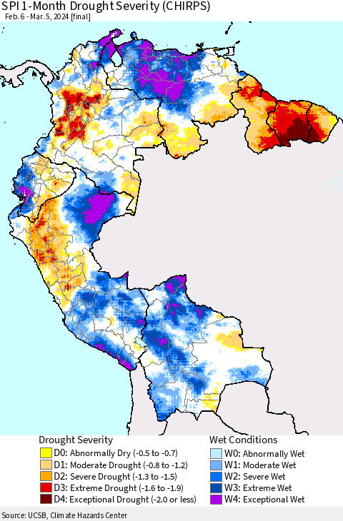 Northern South America SPI 1-Month Drought Severity (CHIRPS) Thematic Map For 2/6/2024 - 3/5/2024