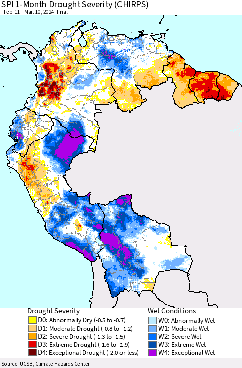 Northern South America SPI 1-Month Drought Severity (CHIRPS) Thematic Map For 2/11/2024 - 3/10/2024