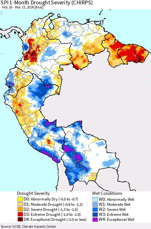 Northern South America SPI 1-Month Drought Severity (CHIRPS) Thematic Map For 2/16/2024 - 3/15/2024