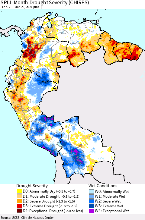 Northern South America SPI 1-Month Drought Severity (CHIRPS) Thematic Map For 2/21/2024 - 3/20/2024