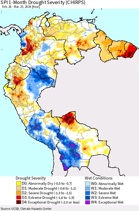 Northern South America SPI 1-Month Drought Severity (CHIRPS) Thematic Map For 2/26/2024 - 3/25/2024