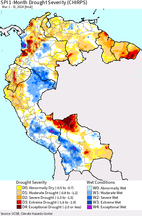 Northern South America SPI 1-Month Drought Severity (CHIRPS) Thematic Map For 3/1/2024 - 3/31/2024