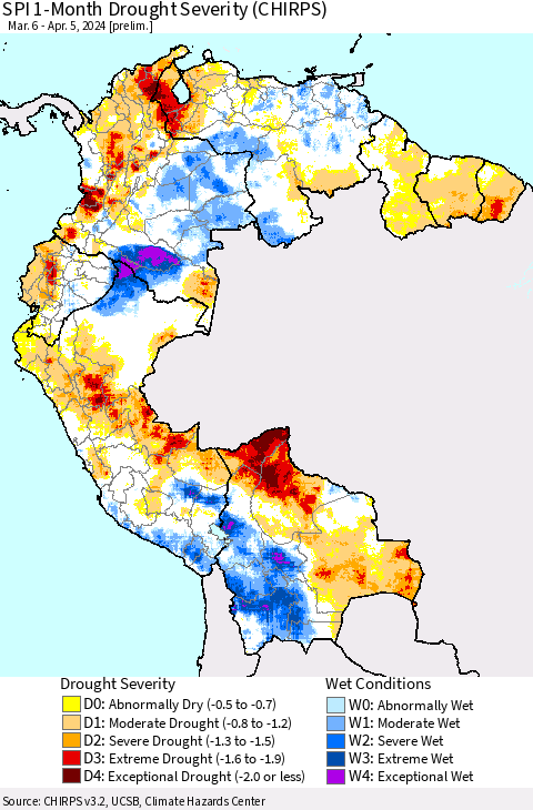 Northern South America SPI 1-Month Drought Severity (CHIRPS) Thematic Map For 3/6/2024 - 4/5/2024