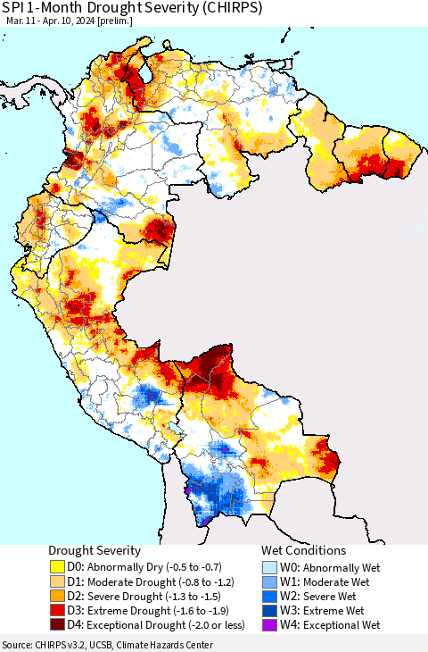 Northern South America SPI 1-Month Drought Severity (CHIRPS) Thematic Map For 3/11/2024 - 4/10/2024