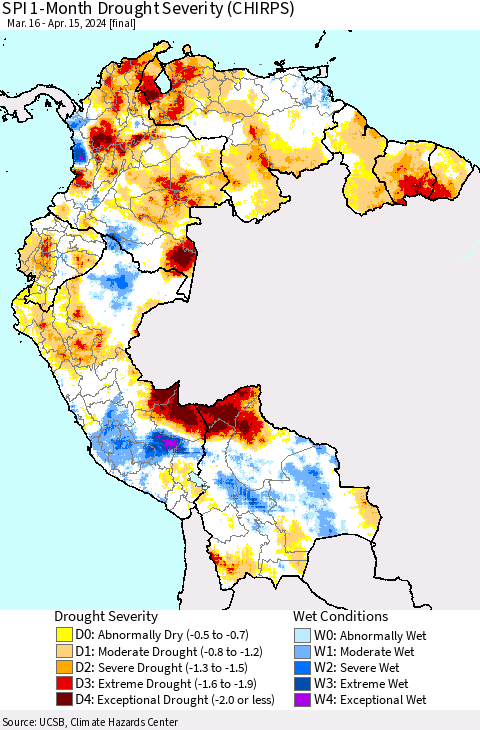 Northern South America SPI 1-Month Drought Severity (CHIRPS) Thematic Map For 3/16/2024 - 4/15/2024