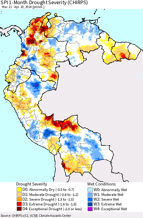 Northern South America SPI 1-Month Drought Severity (CHIRPS) Thematic Map For 3/21/2024 - 4/20/2024
