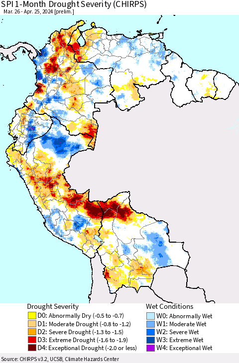 Northern South America SPI 1-Month Drought Severity (CHIRPS) Thematic Map For 3/26/2024 - 4/25/2024