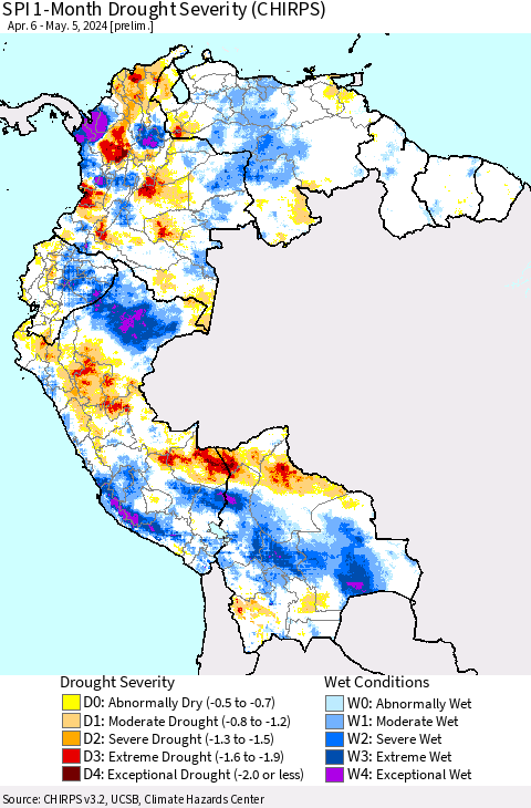 Northern South America SPI 1-Month Drought Severity (CHIRPS) Thematic Map For 4/6/2024 - 5/5/2024