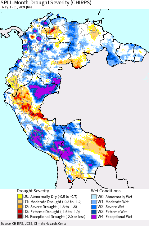 Northern South America SPI 1-Month Drought Severity (CHIRPS) Thematic Map For 5/1/2024 - 5/31/2024