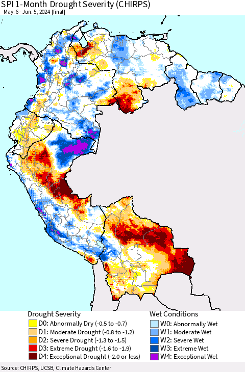 Northern South America SPI 1-Month Drought Severity (CHIRPS) Thematic Map For 5/6/2024 - 6/5/2024