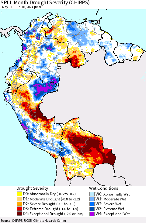 Northern South America SPI 1-Month Drought Severity (CHIRPS) Thematic Map For 5/11/2024 - 6/10/2024