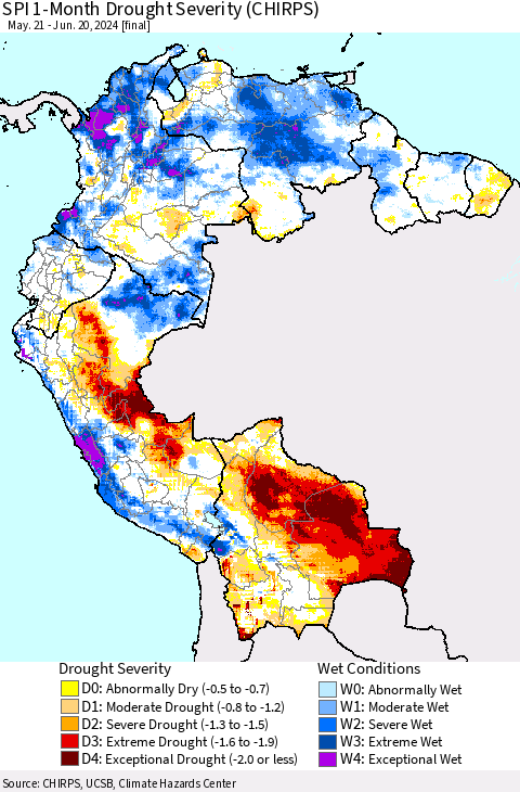 Northern South America SPI 1-Month Drought Severity (CHIRPS) Thematic Map For 5/21/2024 - 6/20/2024