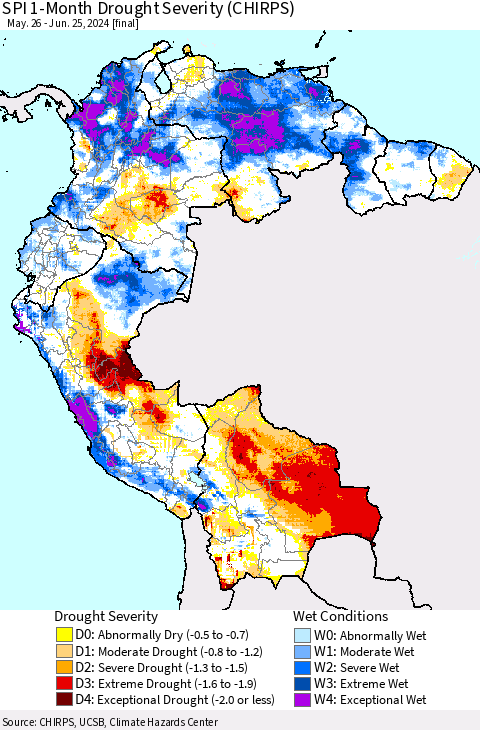 Northern South America SPI 1-Month Drought Severity (CHIRPS) Thematic Map For 5/26/2024 - 6/25/2024