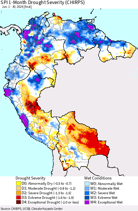 Northern South America SPI 1-Month Drought Severity (CHIRPS) Thematic Map For 6/1/2024 - 6/30/2024