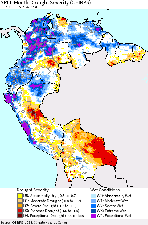 Northern South America SPI 1-Month Drought Severity (CHIRPS) Thematic Map For 6/6/2024 - 7/5/2024