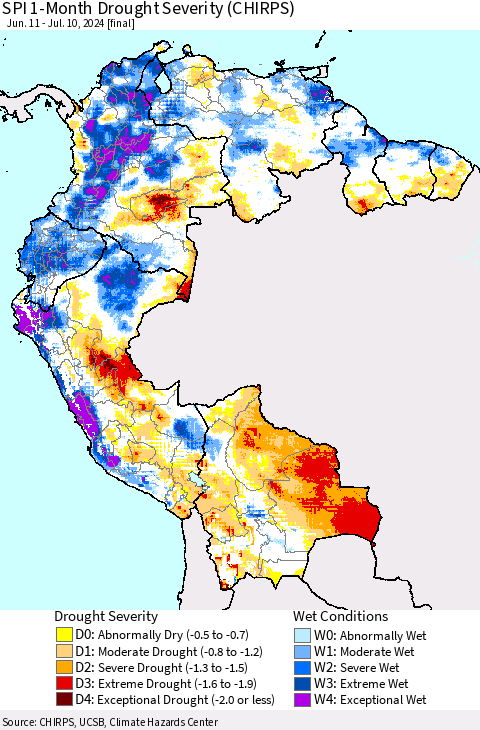 Northern South America SPI 1-Month Drought Severity (CHIRPS) Thematic Map For 6/11/2024 - 7/10/2024