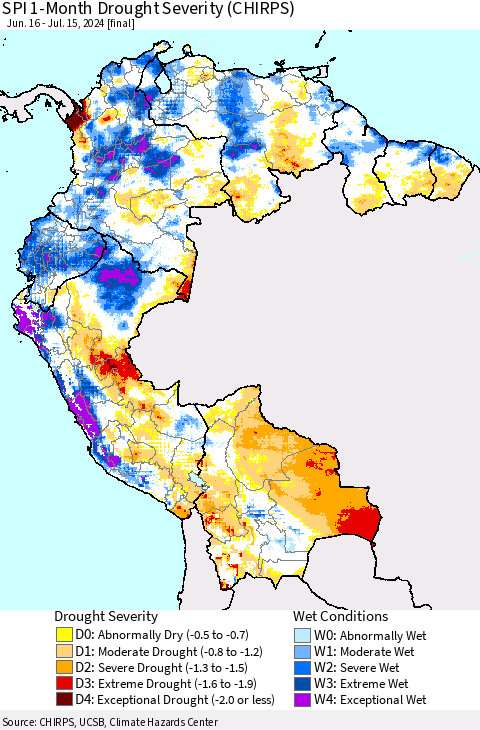 Northern South America SPI 1-Month Drought Severity (CHIRPS) Thematic Map For 6/16/2024 - 7/15/2024