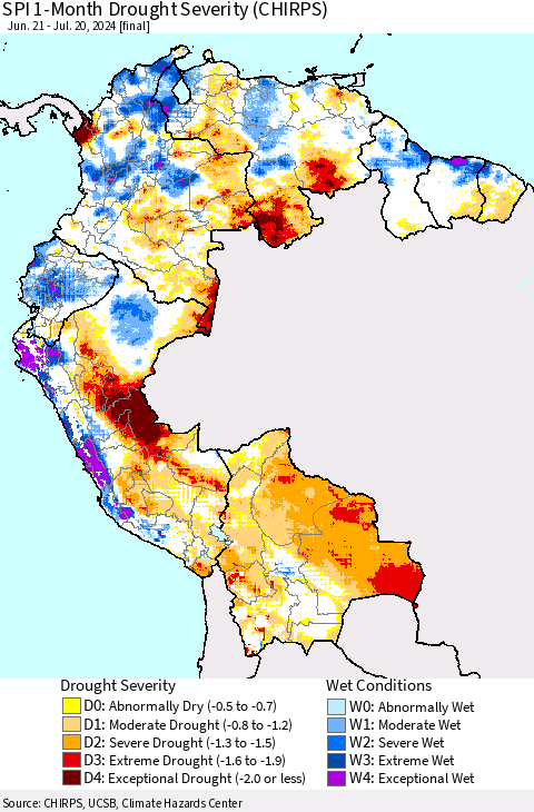 Northern South America SPI 1-Month Drought Severity (CHIRPS) Thematic Map For 6/21/2024 - 7/20/2024