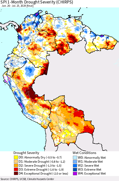 Northern South America SPI 1-Month Drought Severity (CHIRPS) Thematic Map For 6/26/2024 - 7/25/2024