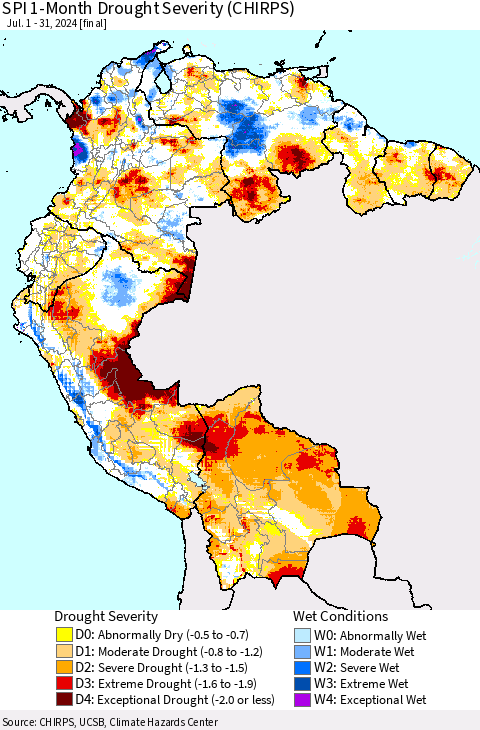 Northern South America SPI 1-Month Drought Severity (CHIRPS) Thematic Map For 7/1/2024 - 7/31/2024