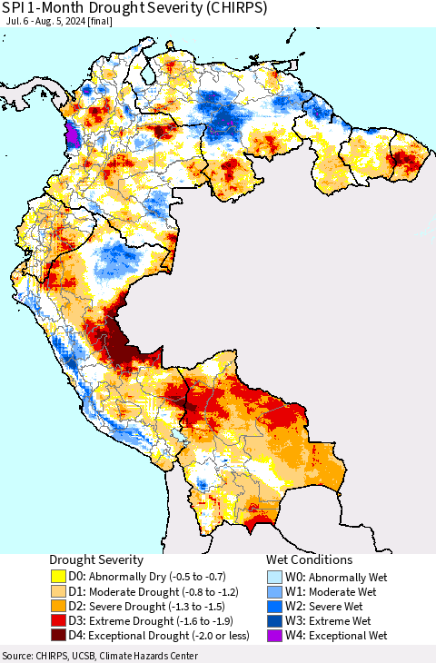 Northern South America SPI 1-Month Drought Severity (CHIRPS) Thematic Map For 7/6/2024 - 8/5/2024