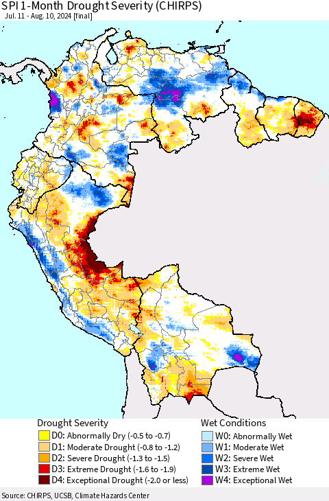 Northern South America SPI 1-Month Drought Severity (CHIRPS) Thematic Map For 7/11/2024 - 8/10/2024