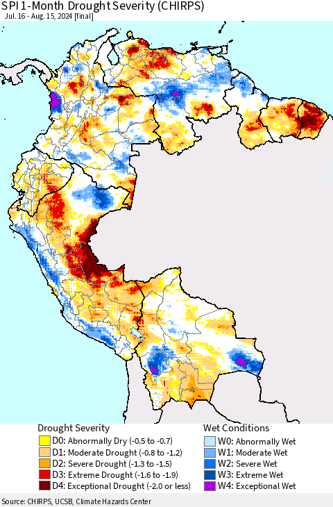 Northern South America SPI 1-Month Drought Severity (CHIRPS) Thematic Map For 7/16/2024 - 8/15/2024
