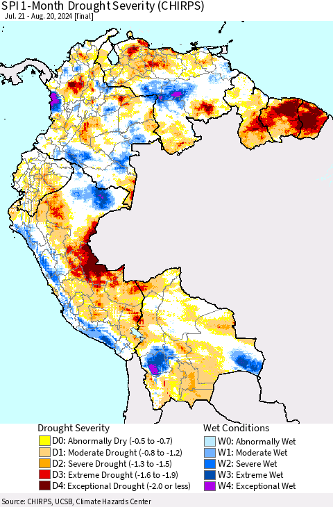 Northern South America SPI 1-Month Drought Severity (CHIRPS) Thematic Map For 7/21/2024 - 8/20/2024
