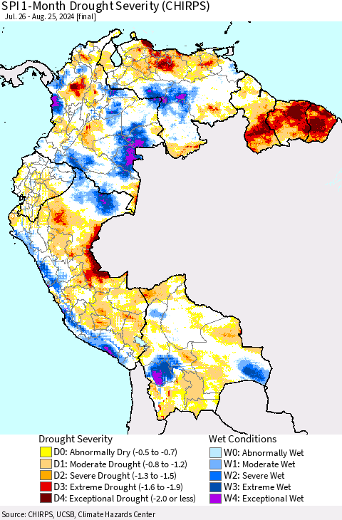 Northern South America SPI 1-Month Drought Severity (CHIRPS) Thematic Map For 7/26/2024 - 8/25/2024
