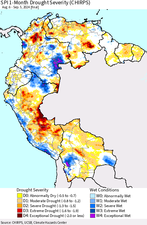Northern South America SPI 1-Month Drought Severity (CHIRPS) Thematic Map For 8/6/2024 - 9/5/2024