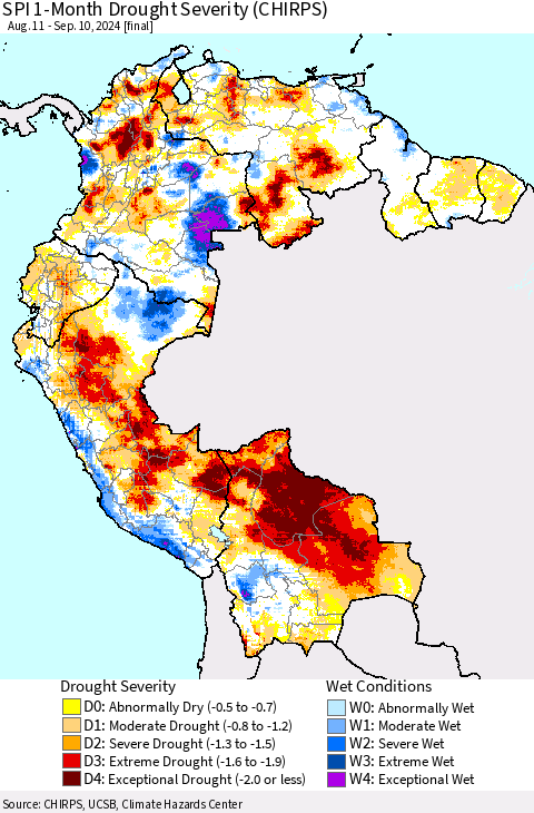 Northern South America SPI 1-Month Drought Severity (CHIRPS) Thematic Map For 8/11/2024 - 9/10/2024