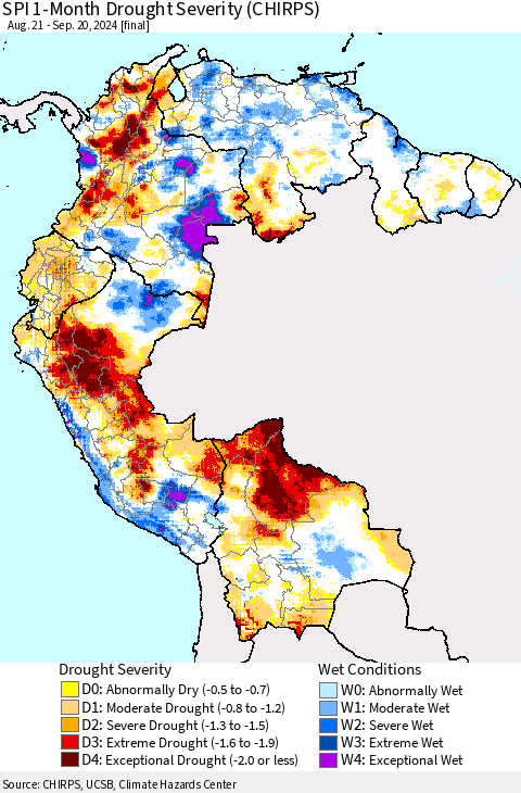 Northern South America SPI 1-Month Drought Severity (CHIRPS) Thematic Map For 8/21/2024 - 9/20/2024