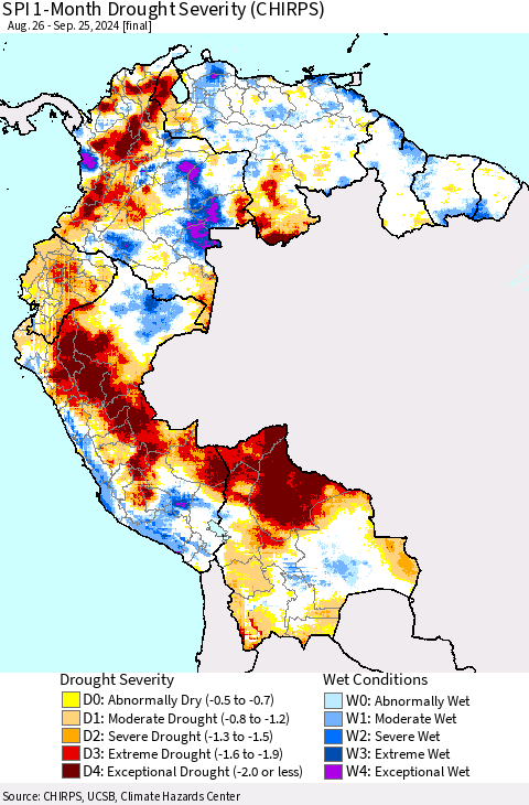 Northern South America SPI 1-Month Drought Severity (CHIRPS) Thematic Map For 8/26/2024 - 9/25/2024