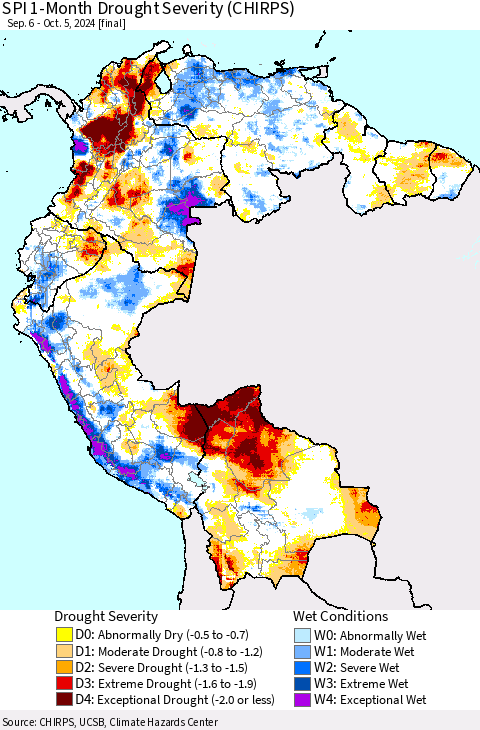 Northern South America SPI 1-Month Drought Severity (CHIRPS) Thematic Map For 9/6/2024 - 10/5/2024