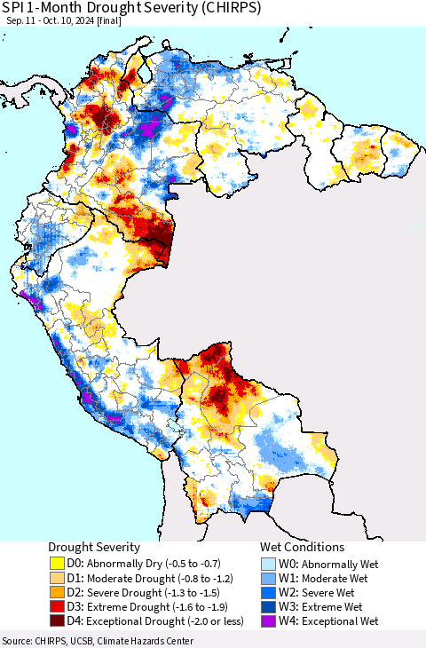 Northern South America SPI 1-Month Drought Severity (CHIRPS) Thematic Map For 9/11/2024 - 10/10/2024