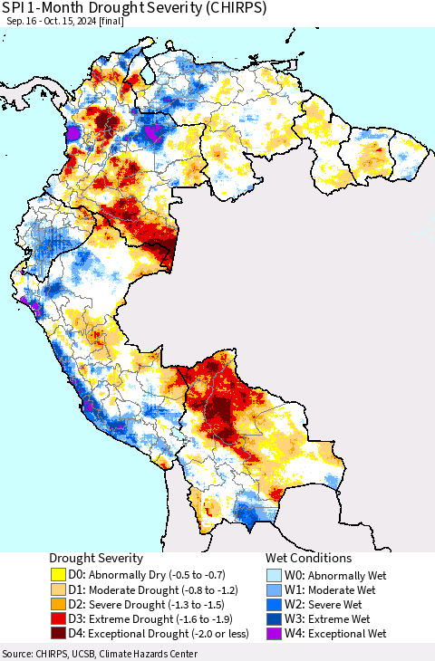 Northern South America SPI 1-Month Drought Severity (CHIRPS) Thematic Map For 9/16/2024 - 10/15/2024