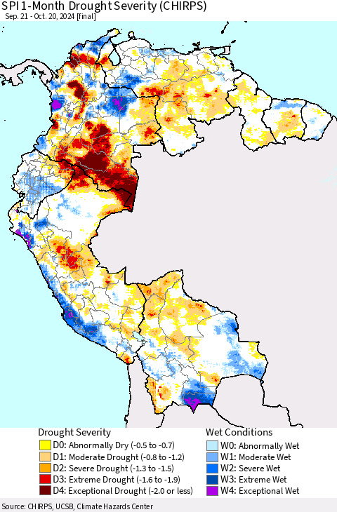 Northern South America SPI 1-Month Drought Severity (CHIRPS) Thematic Map For 9/21/2024 - 10/20/2024
