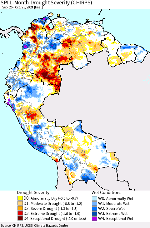 Northern South America SPI 1-Month Drought Severity (CHIRPS) Thematic Map For 9/26/2024 - 10/25/2024