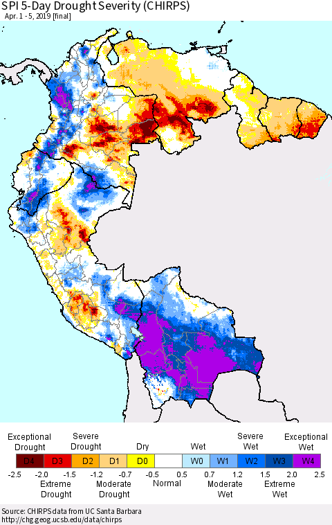 Northern South America SPI 5-Day Drought Severity (CHIRPS) Thematic Map For 4/1/2019 - 4/5/2019